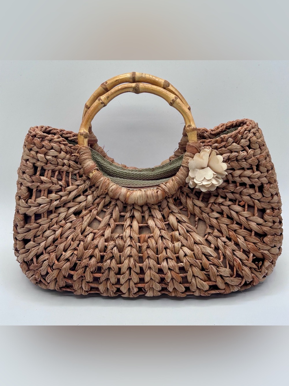 Woven Straw Handbag Bamboo Handles Boho Summer Beach Tote Purse 9" x 12"